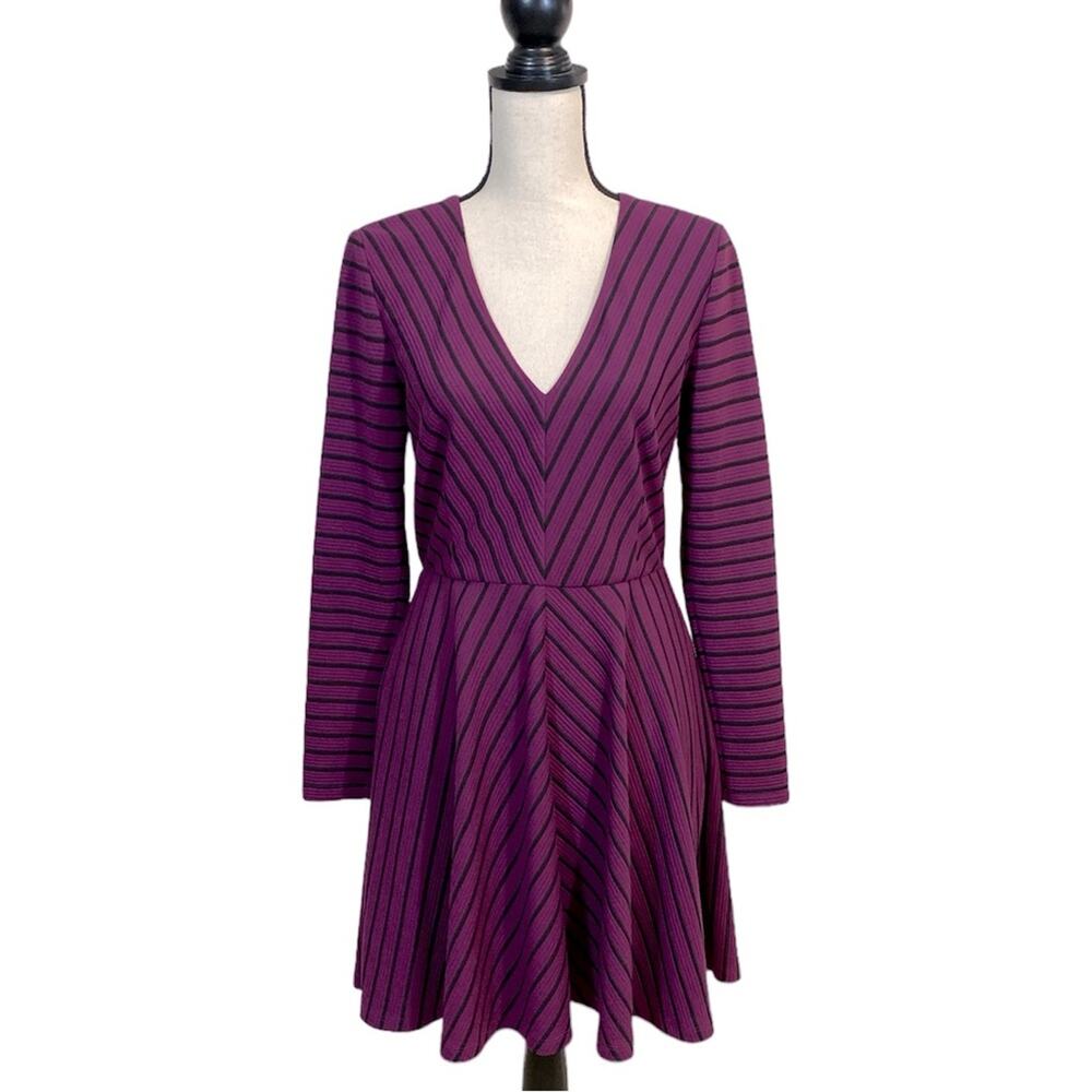 Hutch Plum Purple and Black Striped V-Neck Fit & Flare Dress Size Medium